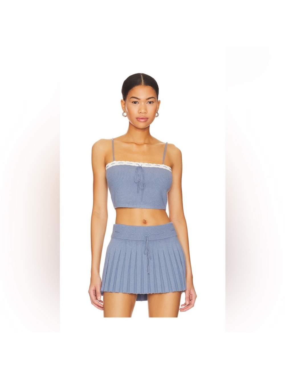 Danielle guizio Blue Ribbed Knit Crop Top & Pleated Skirt Set